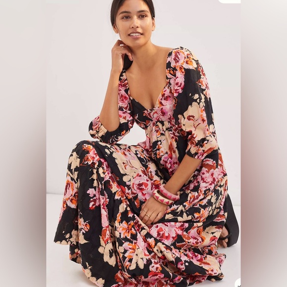 Anthropologie Blossom 100% Cotton Maxi Dress In Pink/ Black Motif Size S - Picture 1 of 16